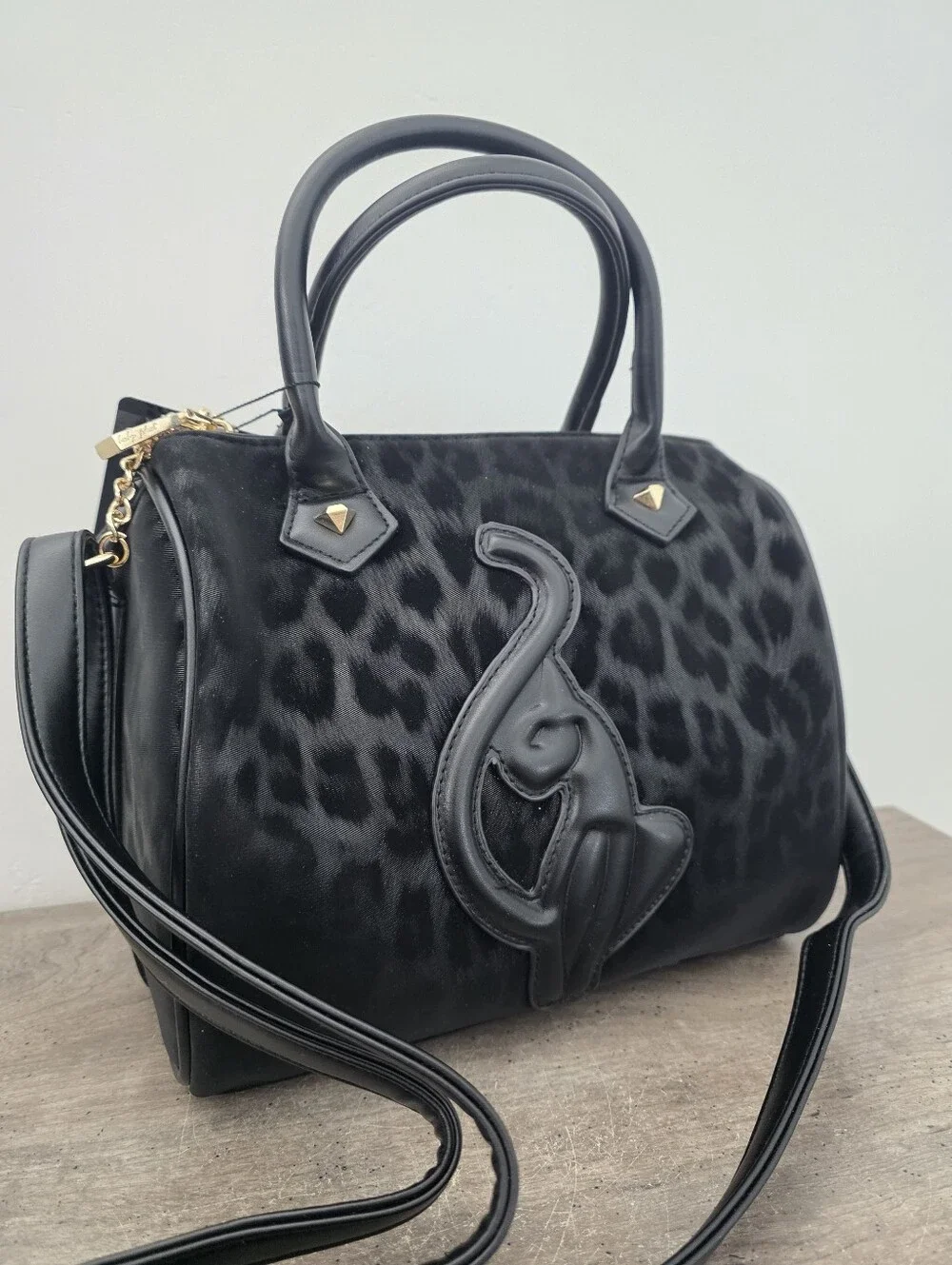 Baby Phat Black Leopard Print Satchel Handbag with Charm Viral TikTok